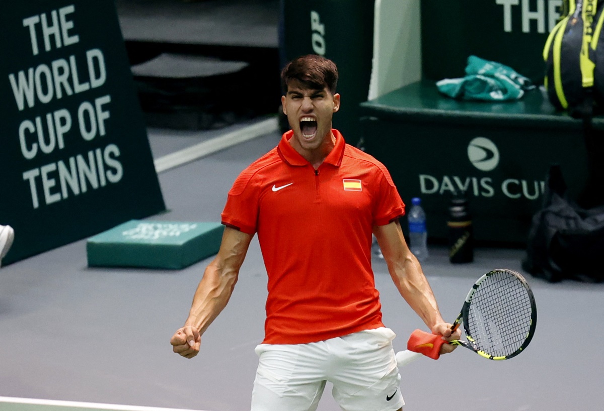 Spain's Carlos Alcaraz celebrates after winning his match against France's Ugo Humbert