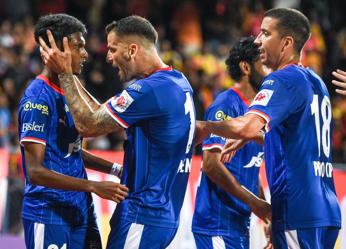 Bengaluru FC players celebrate a goal against East Bengal.