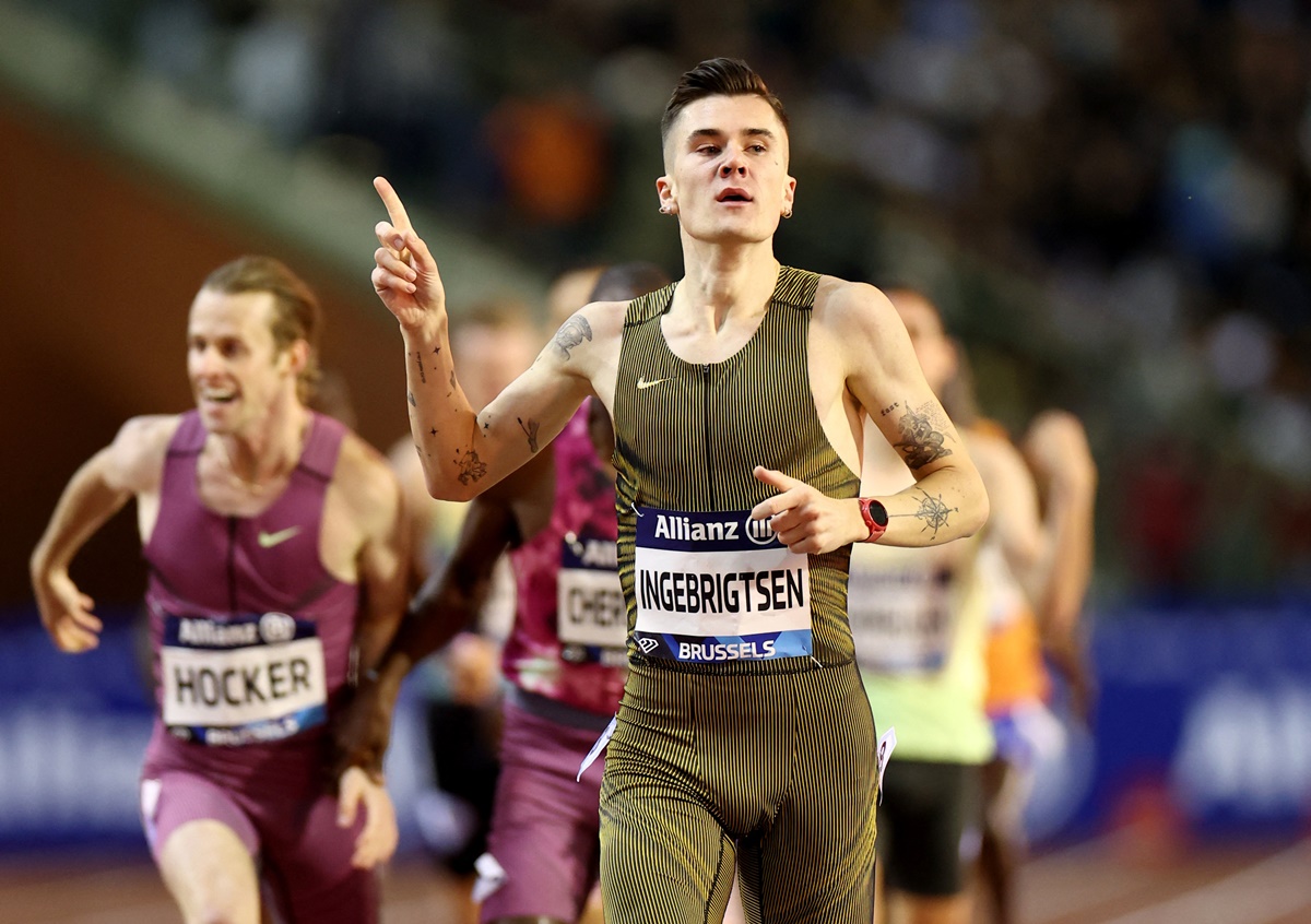 Norway's Jakob Ingebrigtsen celebrates winning the men's 1500 metres.