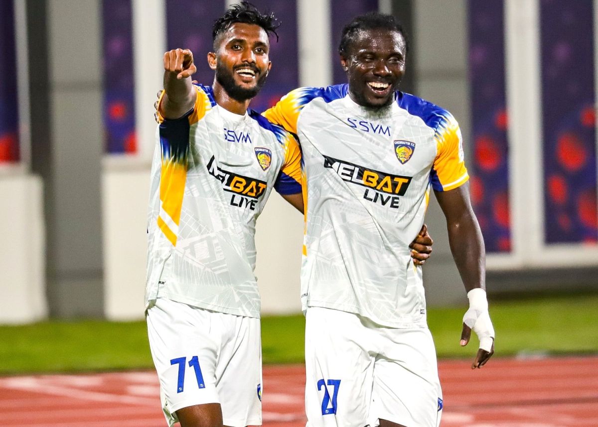 Chennaiyin FC's Farukh Choudhary and Daniel Chima Chukwu celebrate a goal