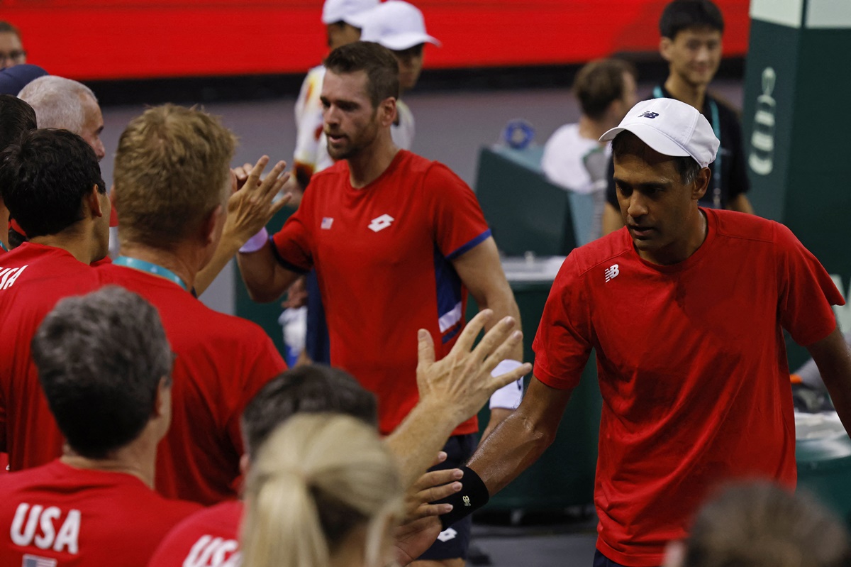 Austin Krajicek and Rajeev Ram celebrate victory over Norbert Gombos and Lukas Klein in the doubles.