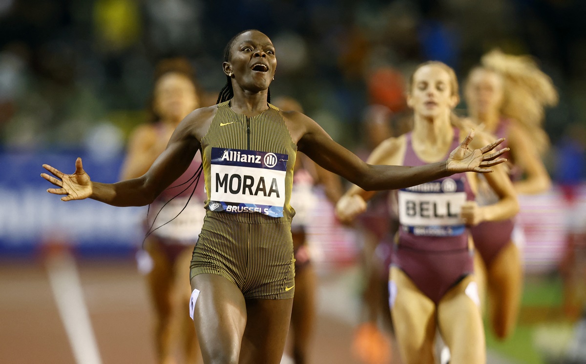 Kenya's Mary Moraa breaks into celebration after finishing first in the women's 800 metres.