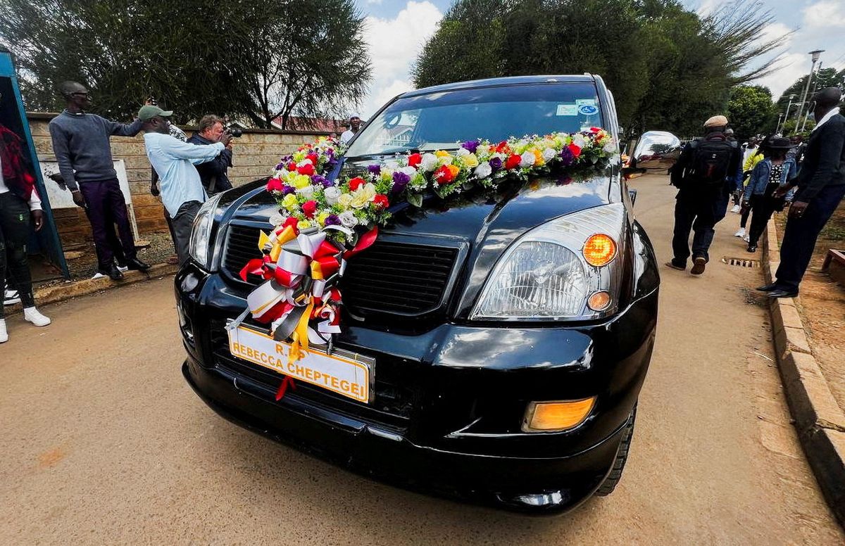 The cortege of slain Olympian Rebecca Cheptegei leaves the Moi Teaching & Referral Hospital (MTRH) funeral home, in Eldoret, Kenya