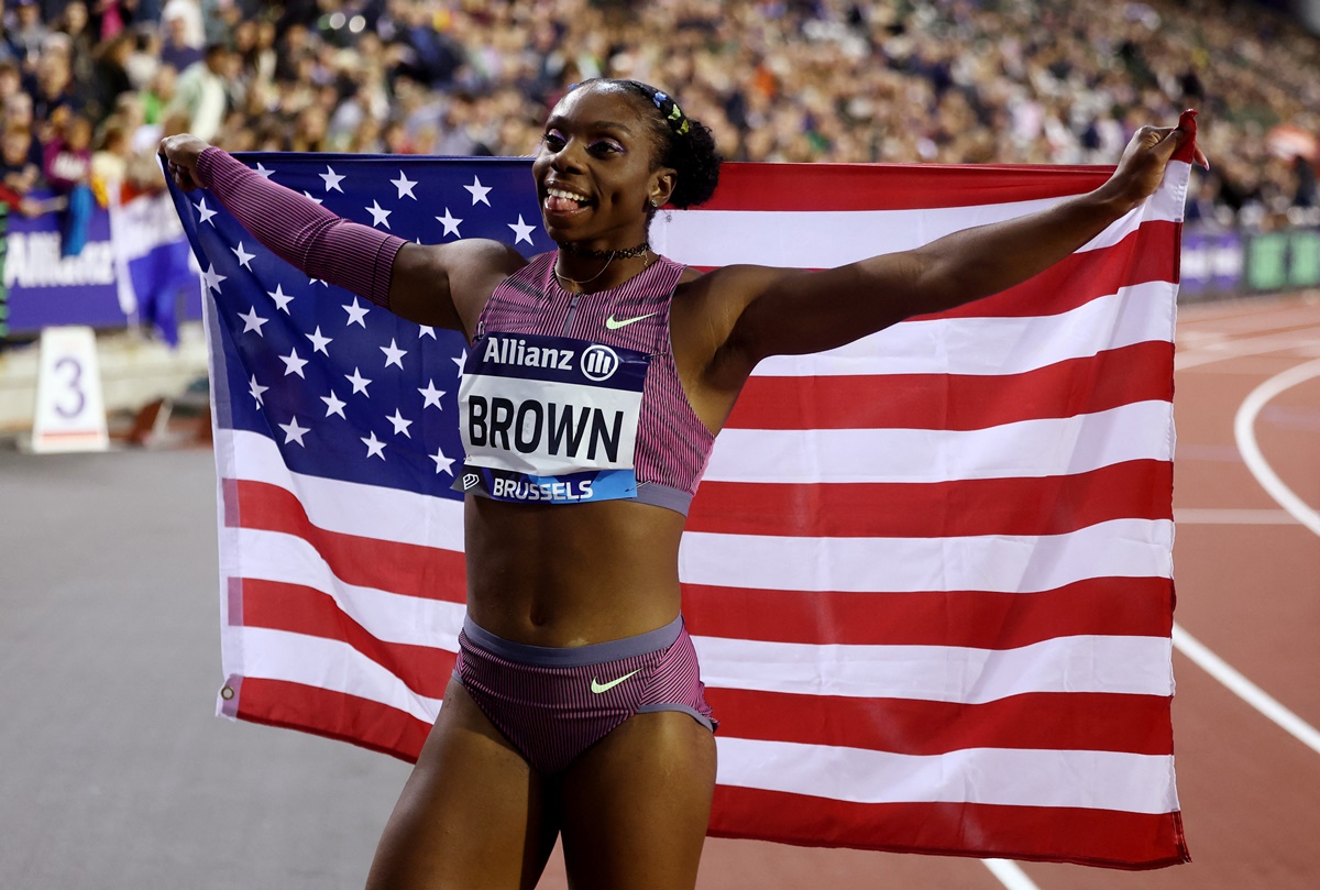 Brittany Brown of the United States celebrates winning the women's 200 metres.