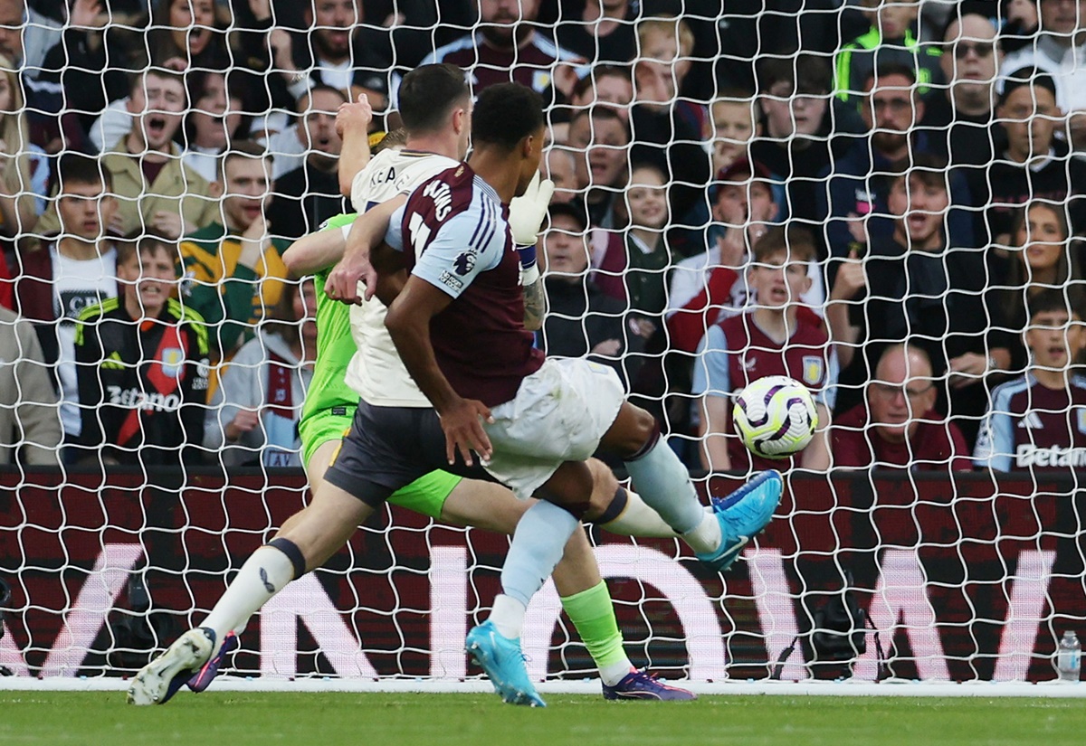 Ollie Watkins scores Aston Villa's second goal.