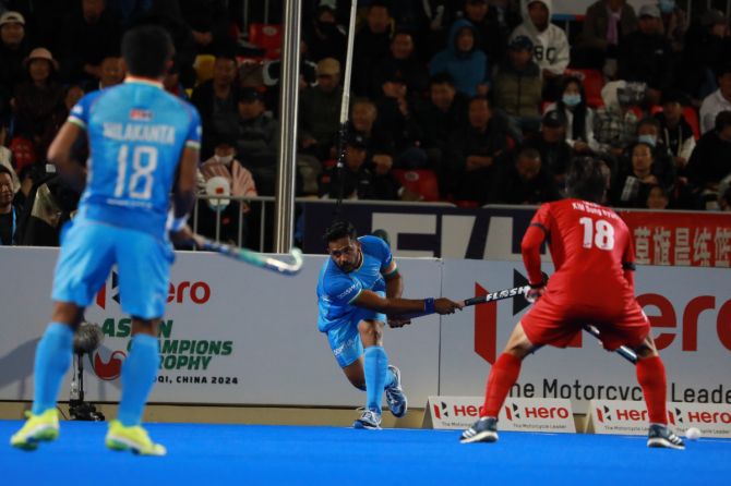 Harmanpreet Singh scores off a penalty corner 