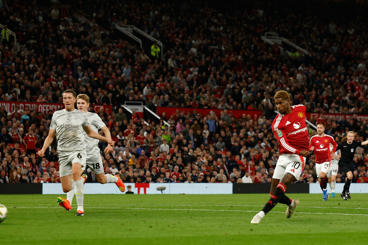 Manchester United's Marcus Rashford scores their fifth goal