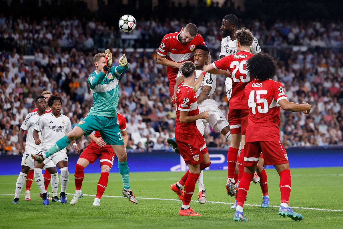 Real Madrid's Antonio Rudiger scores their second goal against VfB Stuttgart at Santiago Bernabeu, Madrid