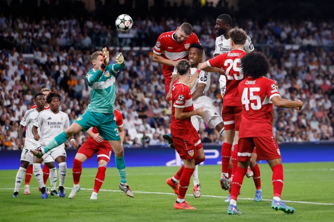 Real Madrid's Antonio Rudiger scores their second goal against VfB Stuttgart at Santiago Bernabeu, Madrid