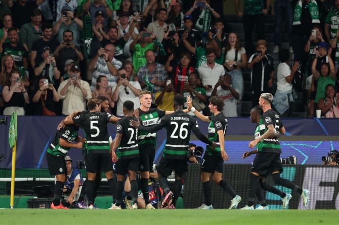 Sporting CP's Viktor Gyokeres celebrates scoring their first goal with teammates