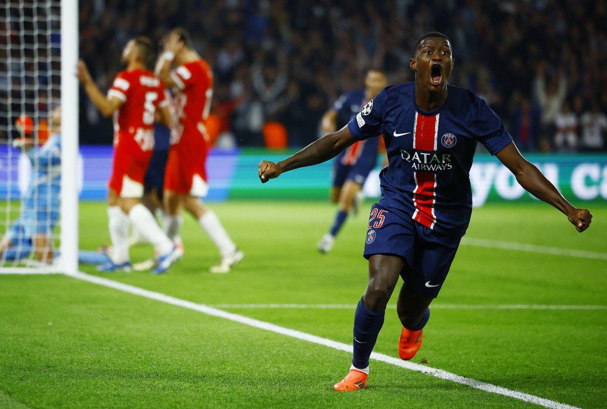 Paris St Germain's Nuno Mendes celebrates scoring their first goal