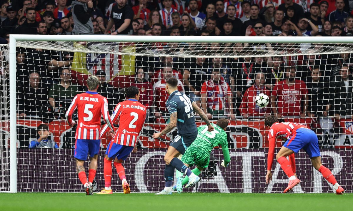 RB Leipzig's Benjamin Sesko scores their first goal against Atletico Madrid