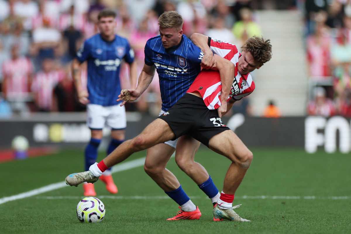 Southampton's Tyler Dibling and Ipswich Town's Liam Delap vie for possession 