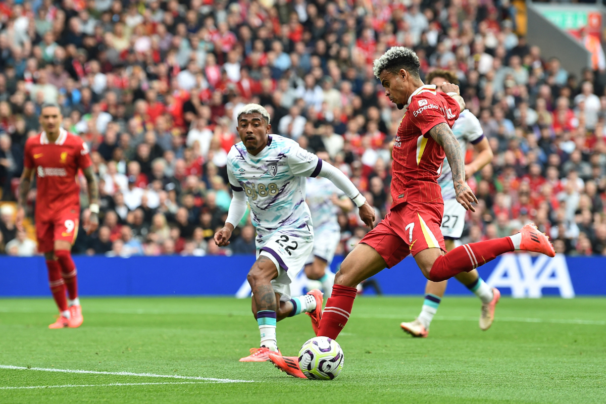 Liverpool's Luis Diaz scores their second goal against AFC Bournemouth at  Anfield, Liverpool, Britain 