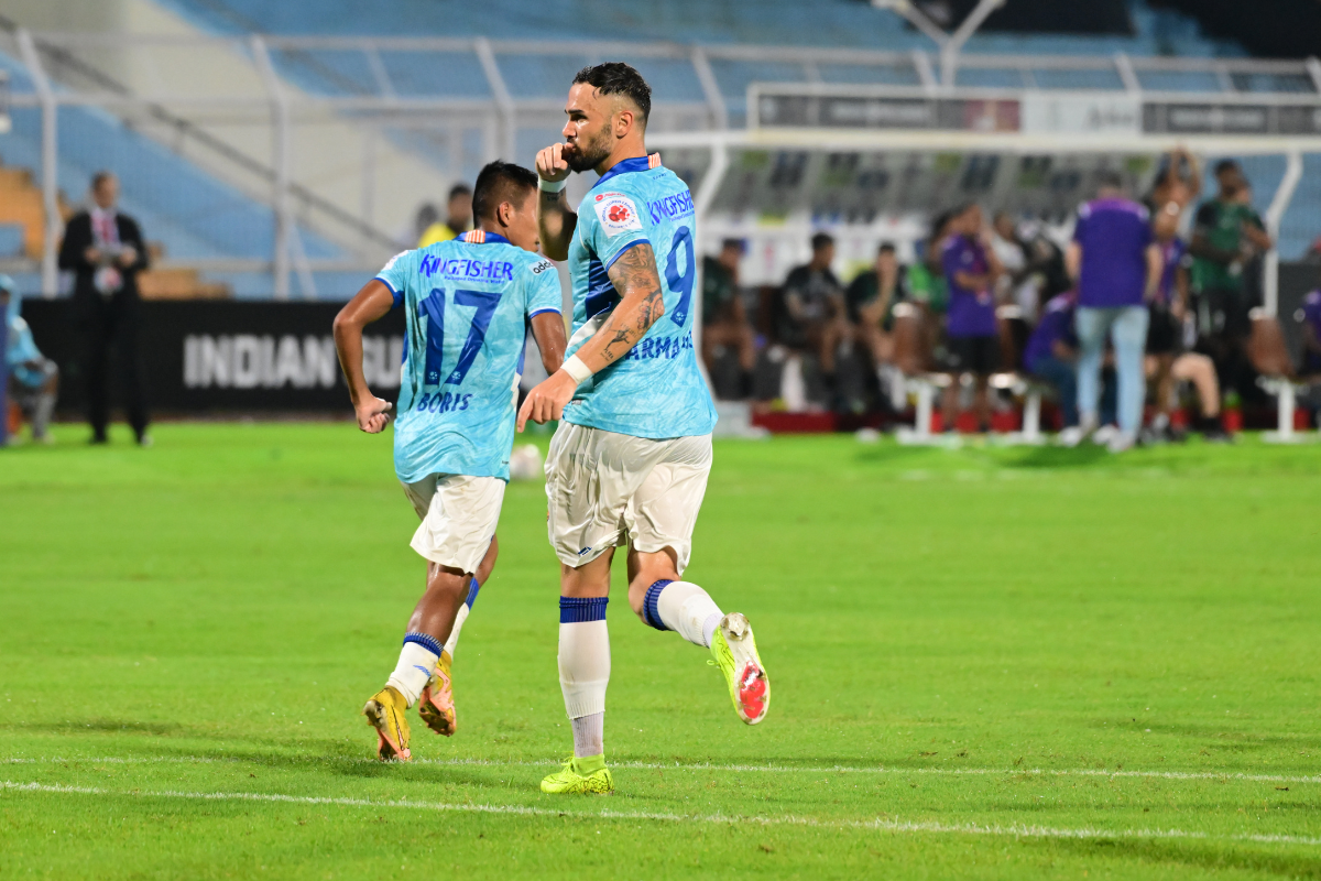 FC Goa's Armando Sadiku celebrates on scoring the late equaliser against Mohammedan Sporting in Kolkata, on Saturday