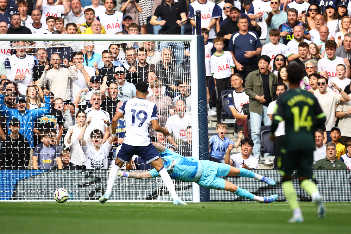 Tottenham Hotspur's Dominic Solanke scores their first goal against Brentford at Tottenham Hotspur Stadium, London, Britain