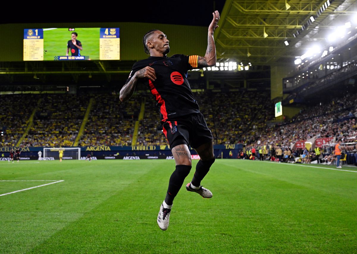 Barcelona's Raphinha celebrates scoring their fifth goal