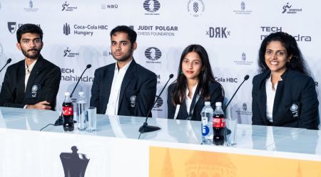 Gukesh, Arjun, Divya and Harika at the press conference