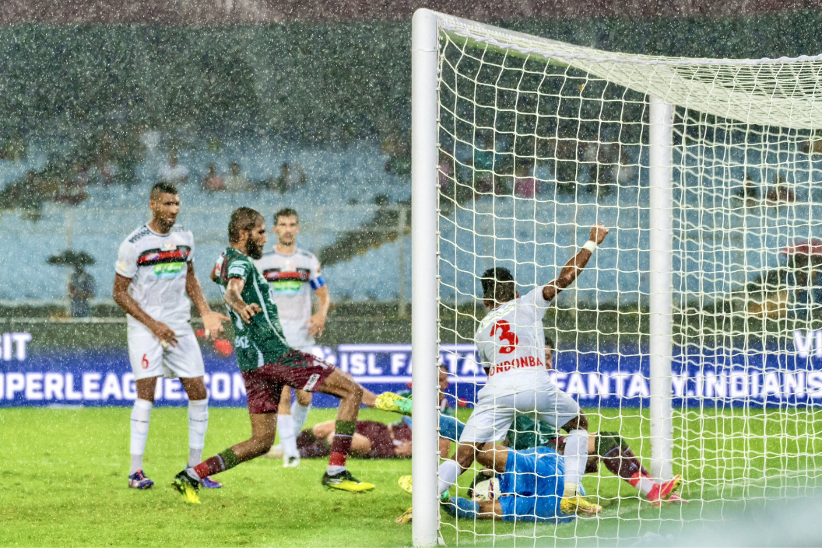 Mohun Bagan's captain Subashish Choudhary scores the controversial goal to equalise