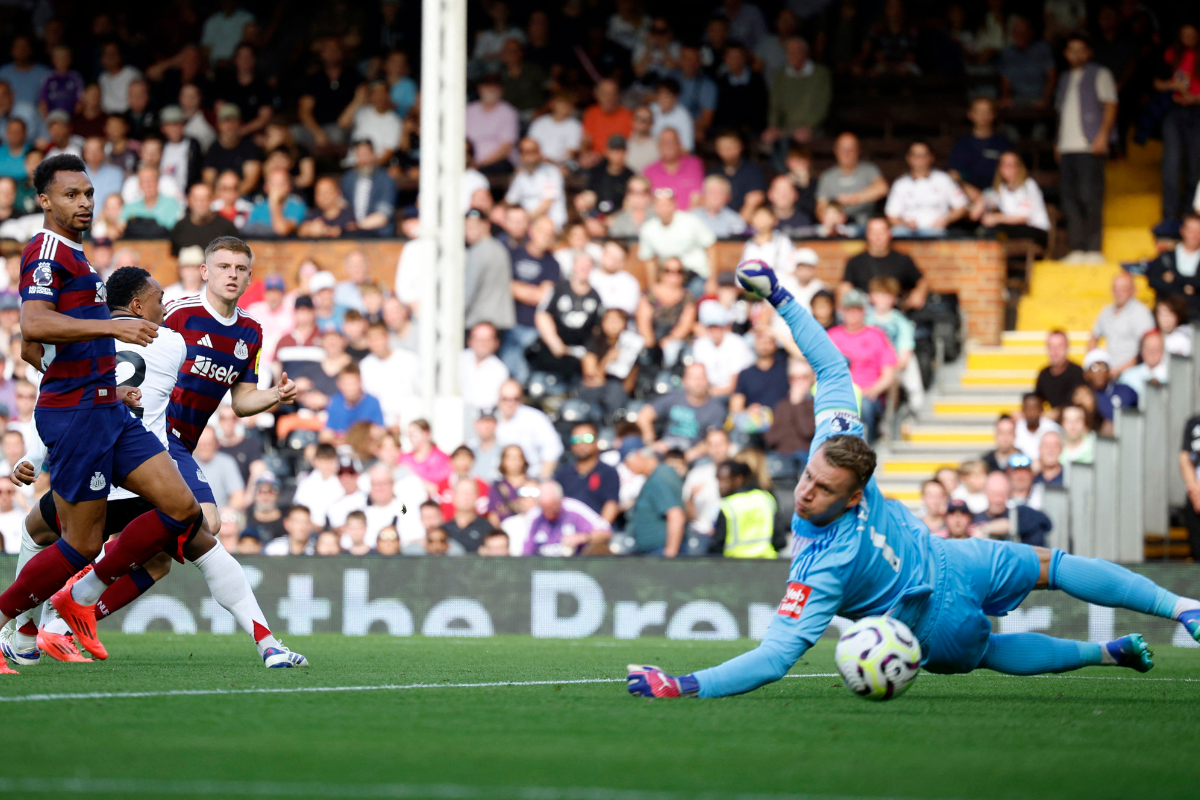 Newcastle United's Harvey Barnes scores their first goal against Newcastle at Craven Cottage, London, Britain