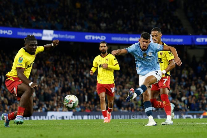 Manchester City's Matheus Nunes shoots at goal 