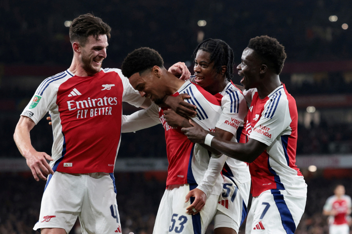 Arsenal's Ethan Nwaneri celebrates scoring their second goal with Declan Rice, Josh Nichols and Bukayo Saka 