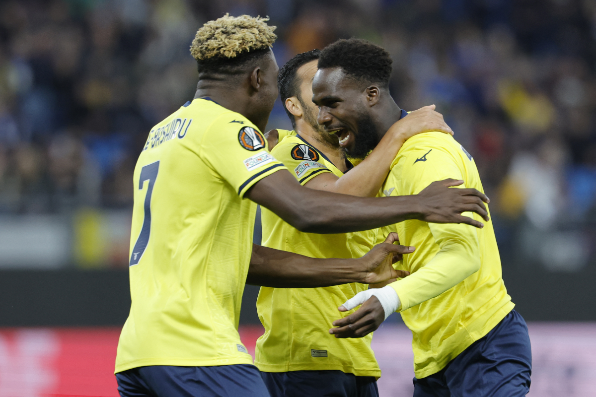 Lazio's Boulaye Dia celebrates scoring his second goal against Dynamo Kyiv in Hamburg, on Wednesday