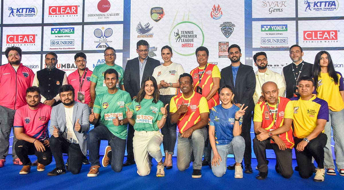 Brand ambassadors Sania Mirza from Bengaluru SG Pipers, Leander Paes from Bengal Wizards, Rakul Preet Singh from Hyderabad Strikers, Sonali Bendre from Pune Jaguars and Mahesh Bhupathi during the Tennis Premier League (TPL) Season 6 auctions, in Mumbai on Wednesday.