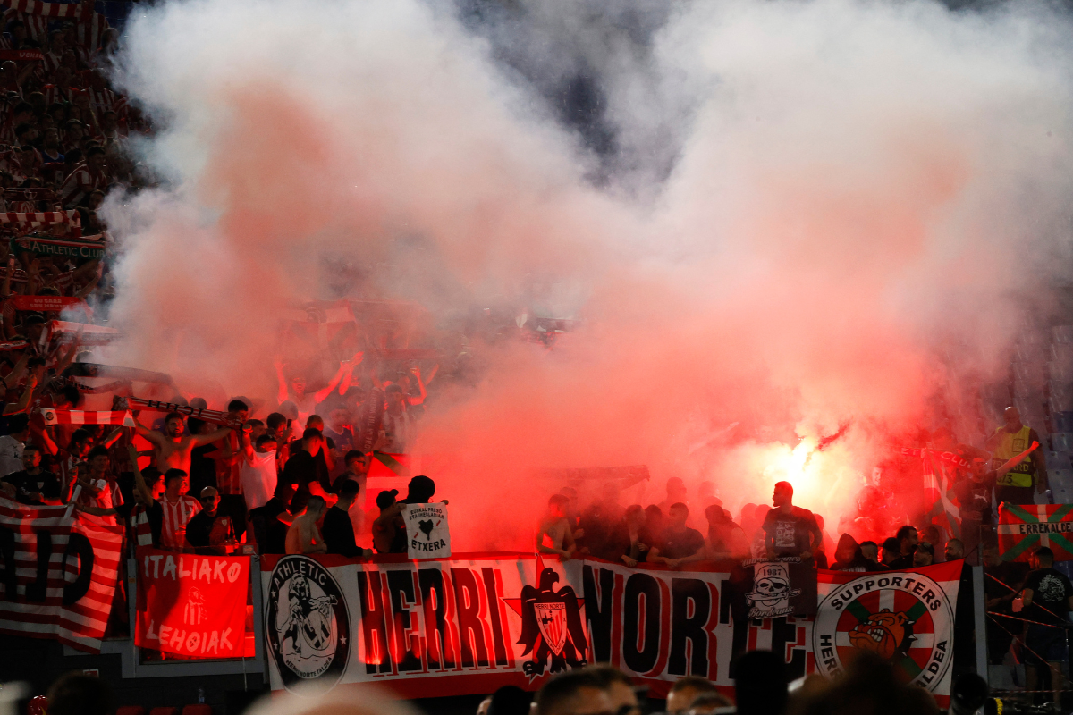 Athletic Bilbao fans with flares in the stands during the Europa League match between AS Roma and Athletic Bilbao at Stadio Olimpico, Rome, Italy, on Thursday 