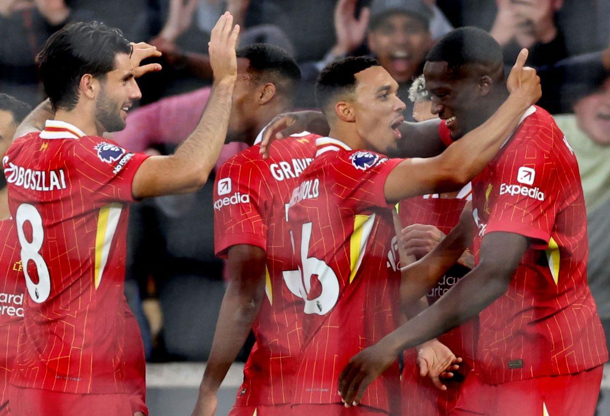 Liverpool's Ibrahima Konate celebrates scoring their first goal with teammates