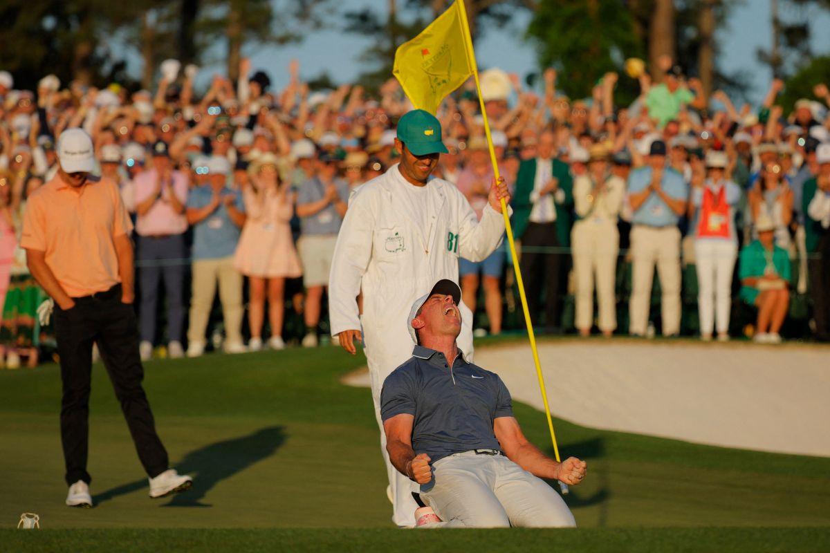 Rory McIlroy celebrates after winning The Masters and completing a career grand slamGolf in Augusta, Georgia, USA, on April 13, 2025