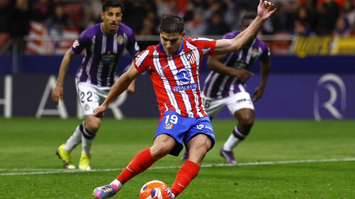Julian Alvarez scores Atletico Madrid's third goal from the penalty spot during the LaLiga match against Real Valladolid at Metropolitano, Madrid, on Monday.