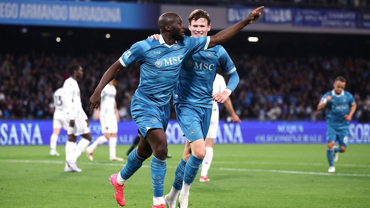 Romelu Lukaku celebrates scoring Napoli's second goal with Scott McTominay during the Serie A match against Empoli at Stadio Diego Armando Maradona, Naples, on Monday.