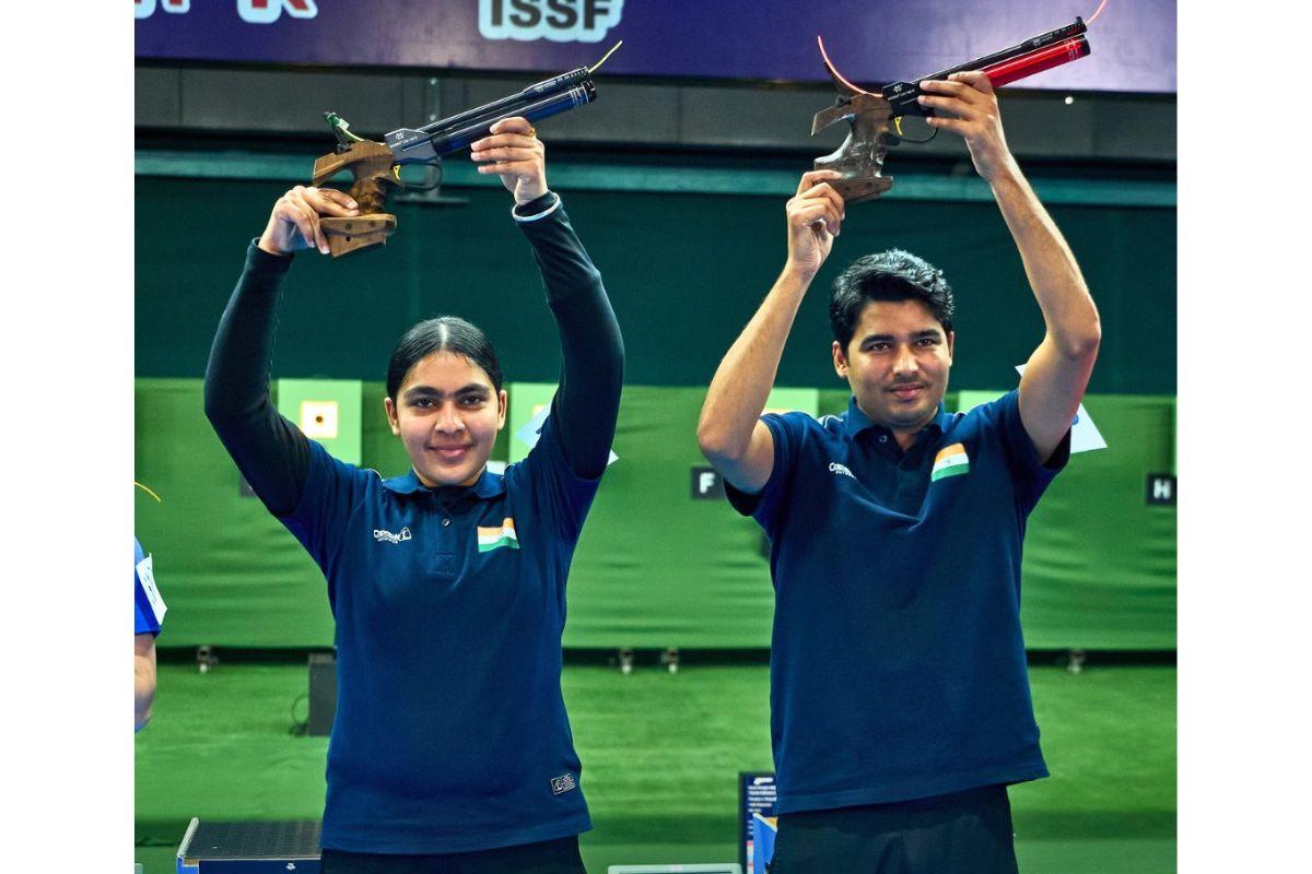 Suruchi Singh and Saurabh Chaudhary win the team gold in the 10m Air Pistol event at the ISSF World Cup in Lima, Peru, on Wednesday, April 16
