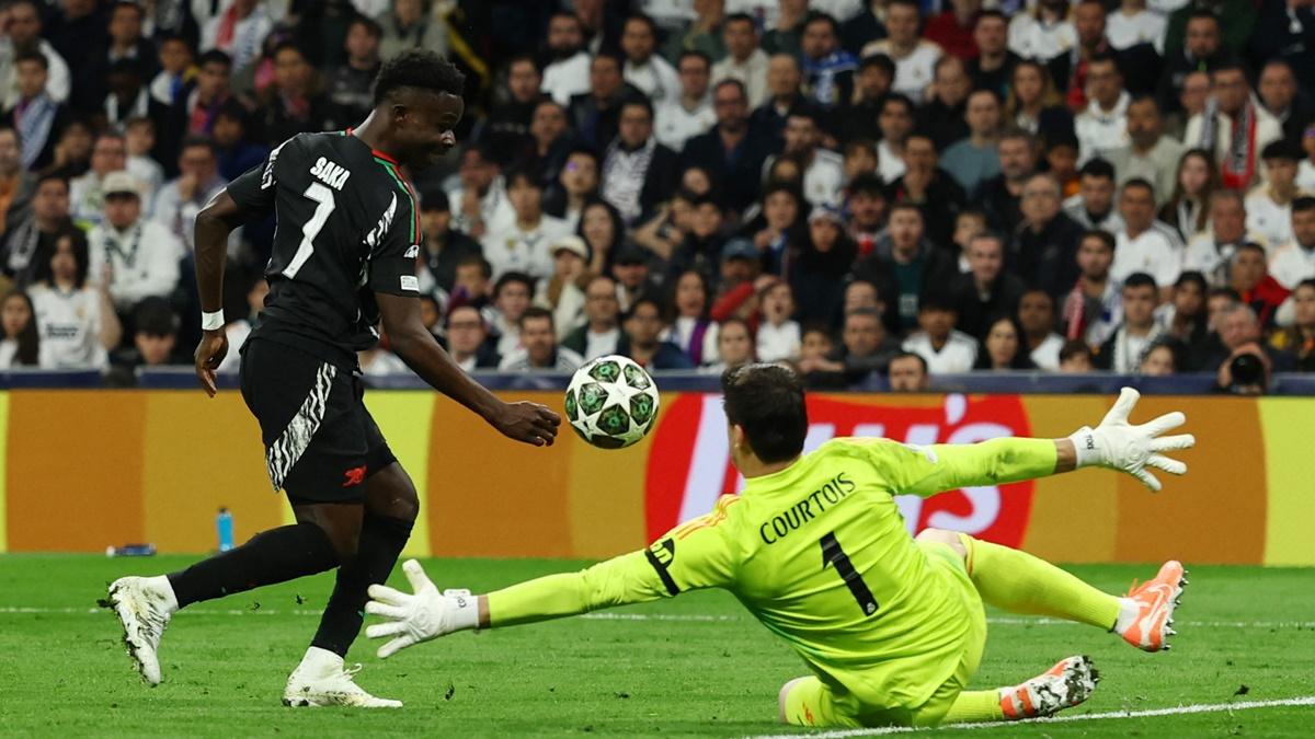 Bukayo Saka scores Arsenal's first goal during the Champions League quarter-final second leg against Real Madrid at Santiago Bernabeu, Madrid, Spain, on Wednesday.