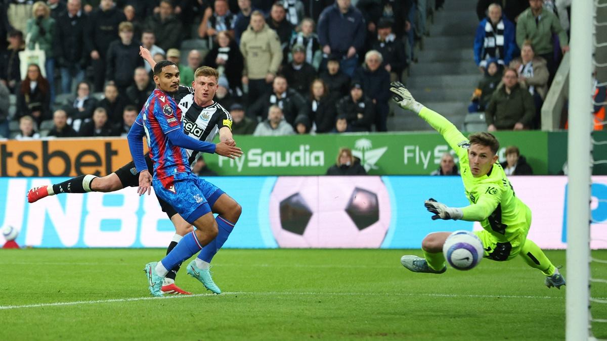 Harvey Barnes scores Newcastle United's third goal during the Premier League match against Crystal Palace at St James' Park, Newcastle, on Wednesday.