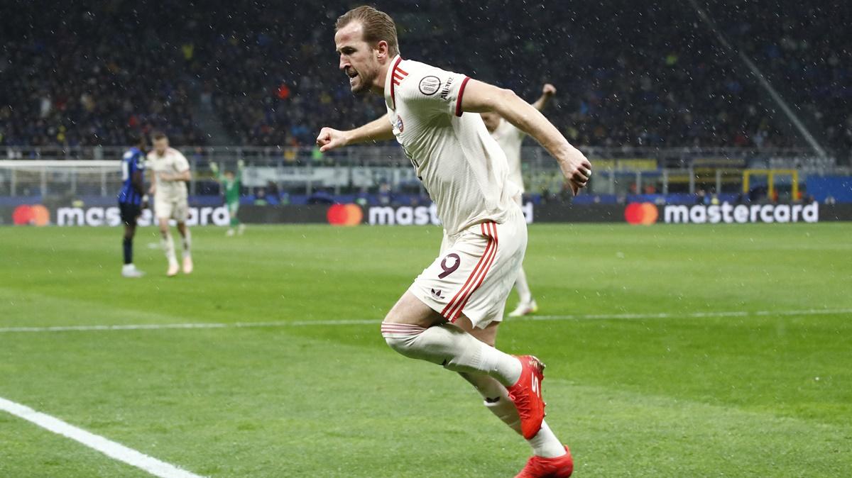 Harry Kane celebrates putting Bayern Munich ahead in the match.
