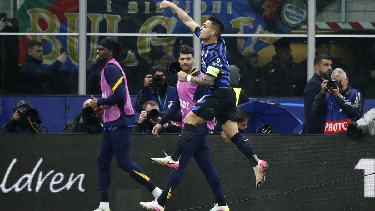 Lautaro Martinez celebrates scoring Inter Milan's first goal against Bayern Munich at San Siro, Milan, Italy.