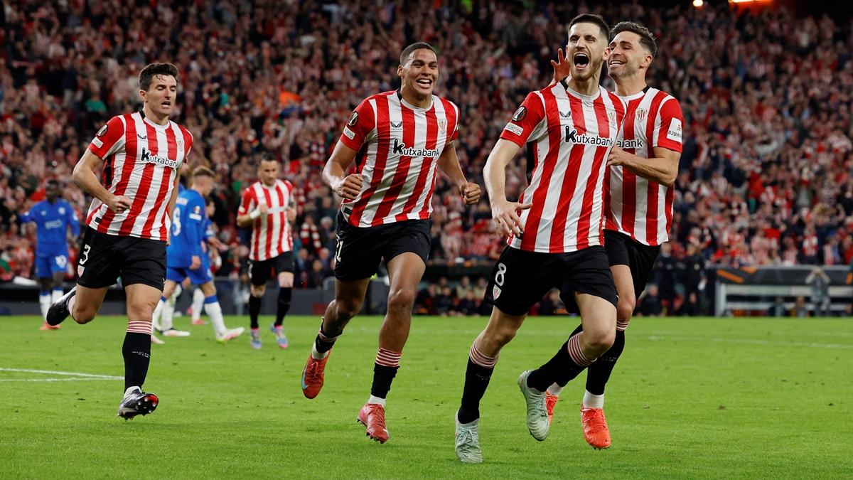 Oihan Sancet celebrates scoring Athletic Bilbao's first goal against Rangers at San Mames, Bilbao, Spain.