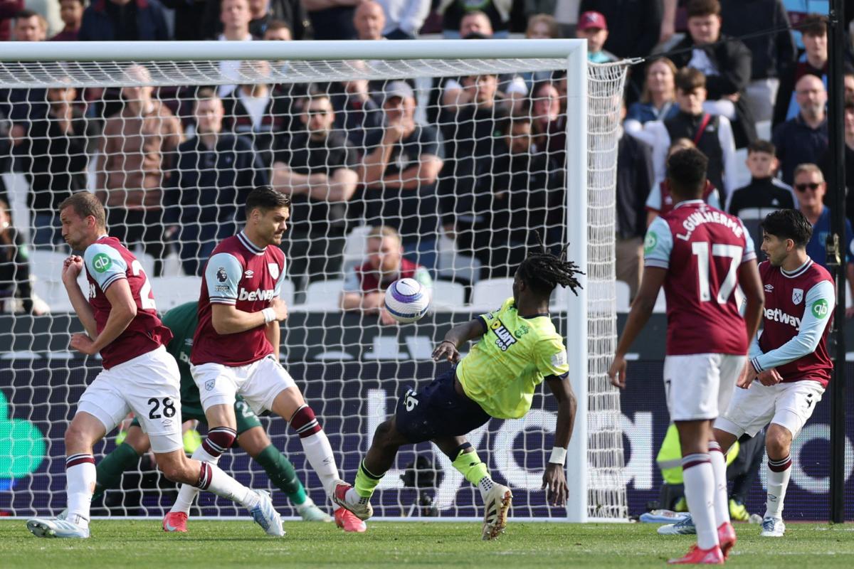 Southampton's Lesley Ugochukwu scores against West Ham United at London Stadium, London
