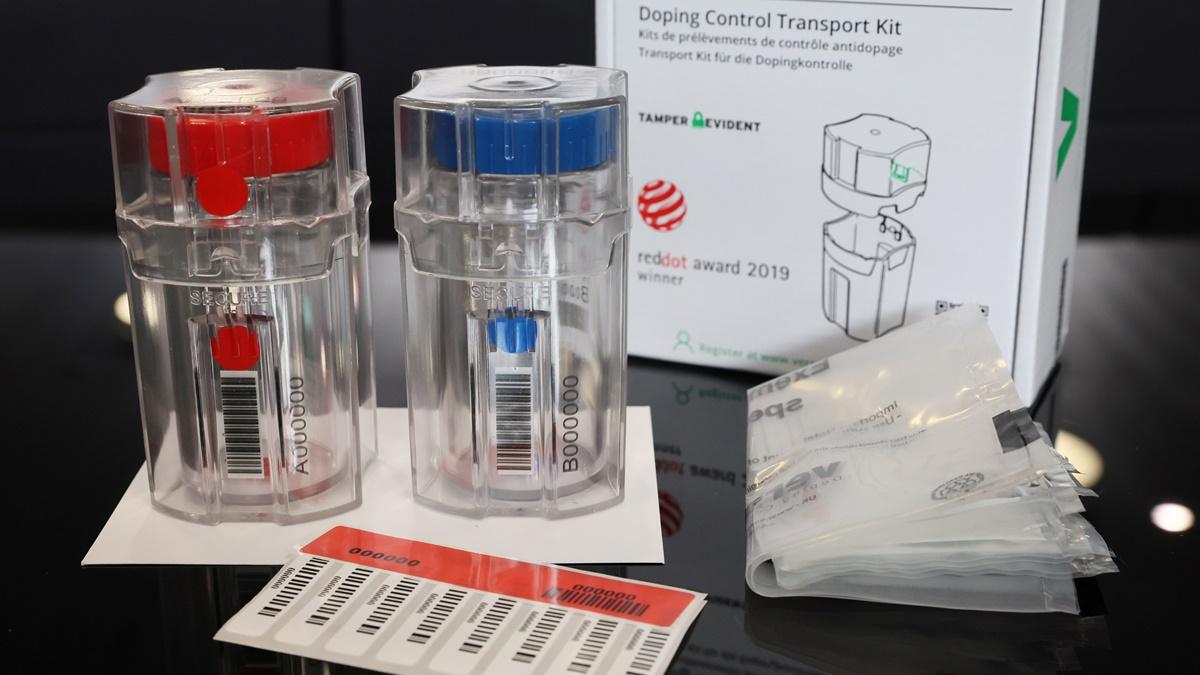 A doping control transport kit of Versapak, including A and B samples, is displayed during the World Anti-Doping Agency (WADA) Symposium in Lausanne, Switzerland, June 11, 2022.