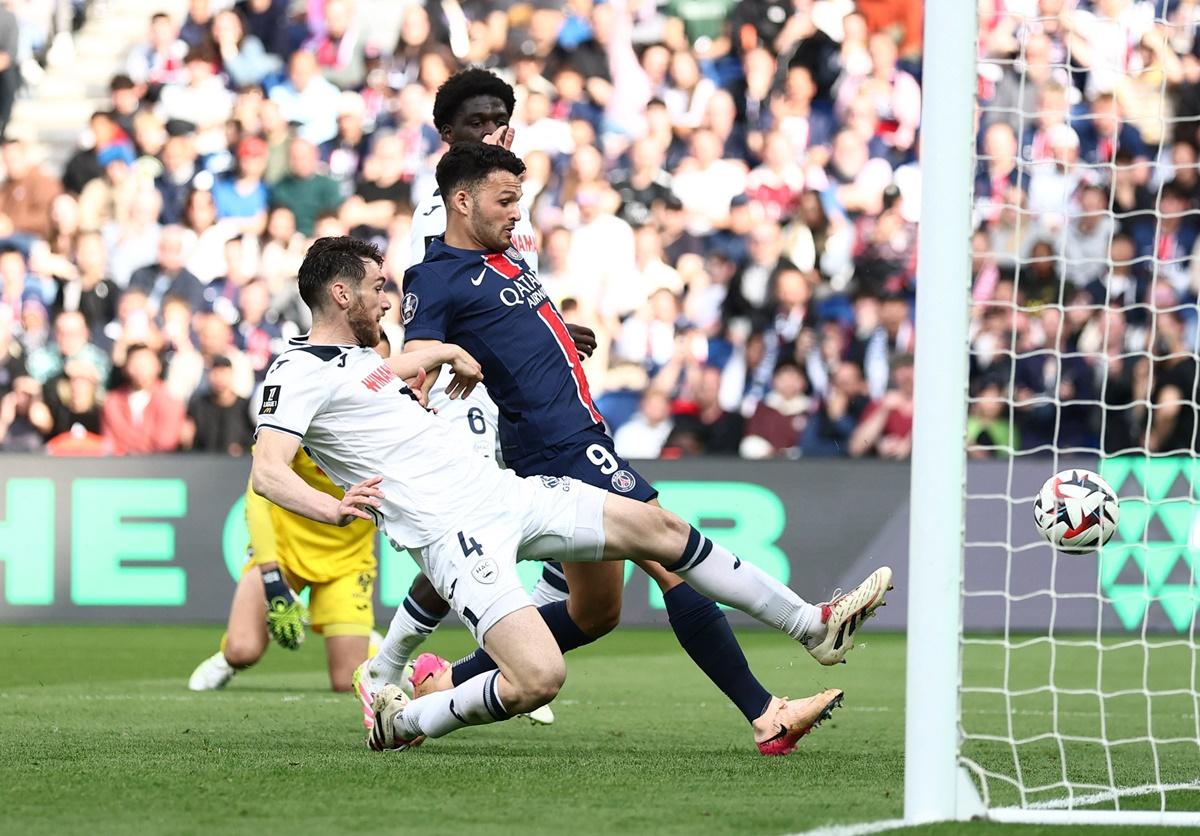 Goncalo Ramos scores Paris Saint-Germain's second goal in the Ligue 1 match against Le Havre at Parc des Princes, Paris.