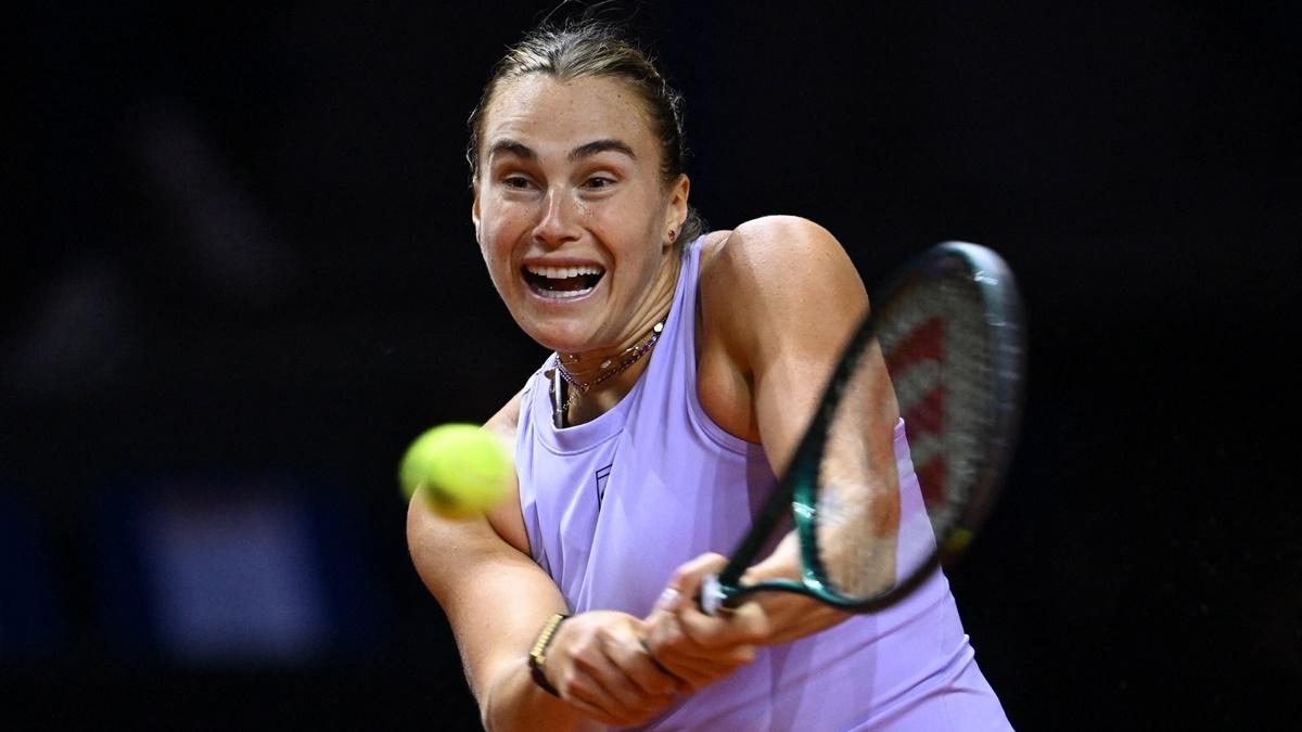 Belarus's Aryna Sabalenka in action during the Stuttgart Tennis Grand Prix quarter-final against Belgium's Elise Mertens, at Porsche Arena, Stuttgart, Germany, on Saturday.