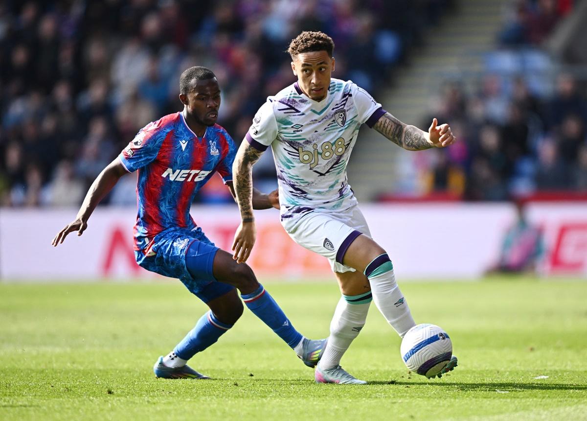 Crystal Palace's Tyrick Mitchell tries to stop Bournemouth's Marcus Tavernier.