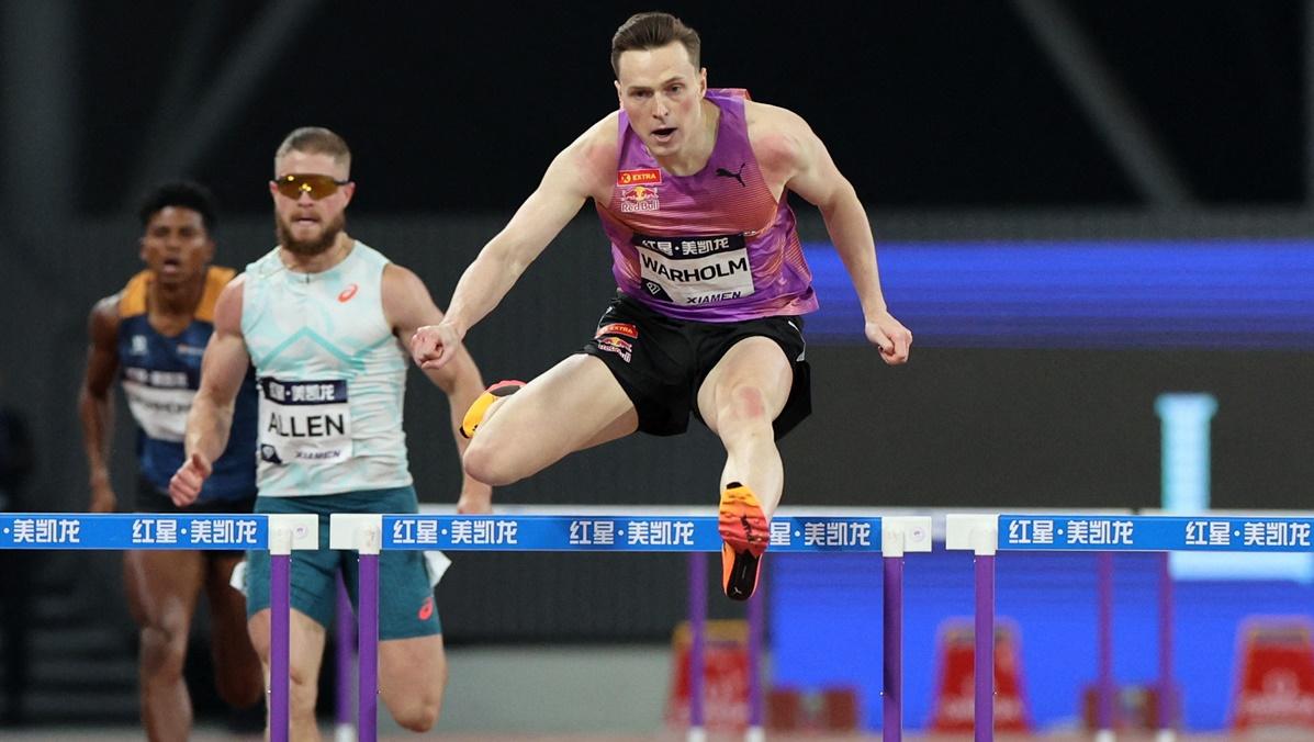 Norway's Karsten Warholm in action during the men's 300 metres hurdles in the Xiamen Diamond League meeting at Egret Stadium, Xiamen, China, on Saturday.