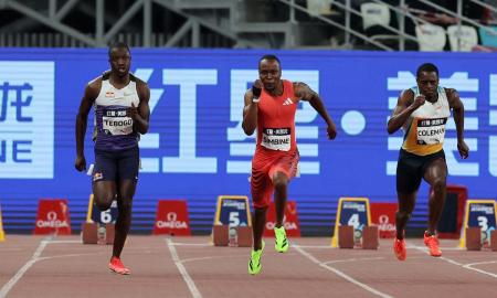 South Africa's Akani Simbine, centre, powered to victory in 9.99 seconds ahead of Kenyan Ferdinand Omanyala (10.13) and World indoor sprint champion Jeremiah Azu of Briton (10.17).