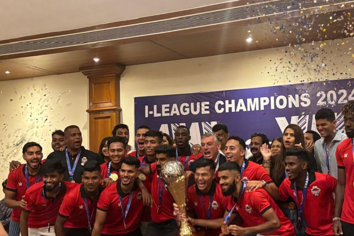 Churchill Brothers celebrate with the I-League trophy at Cavelossim in Goa on Sunday