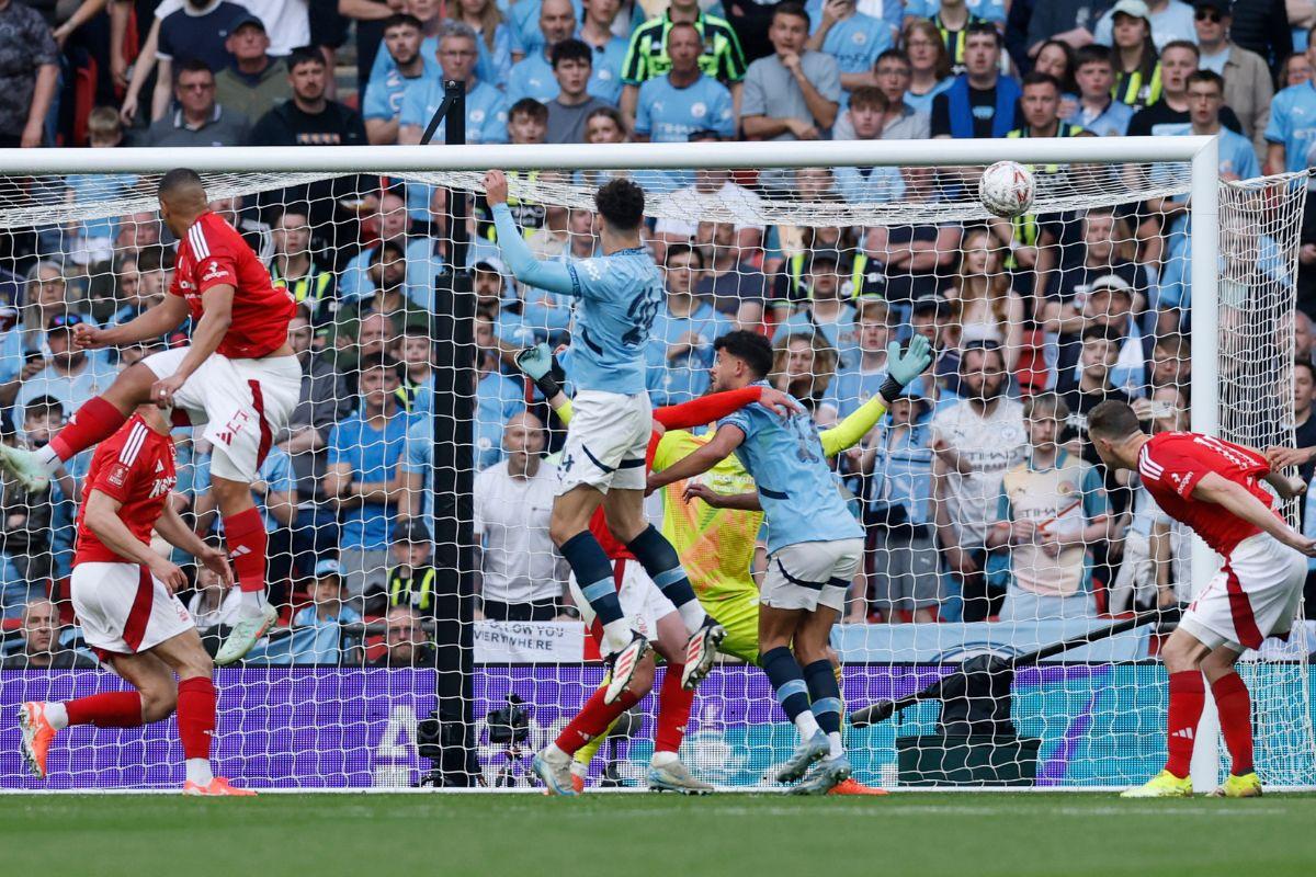 Manchester City's Josko Gvardiol scores their second goal against  Nottingham Forest in the  FA Cup semi final at Wembley Stadium, London, Britain, on Sunday. 