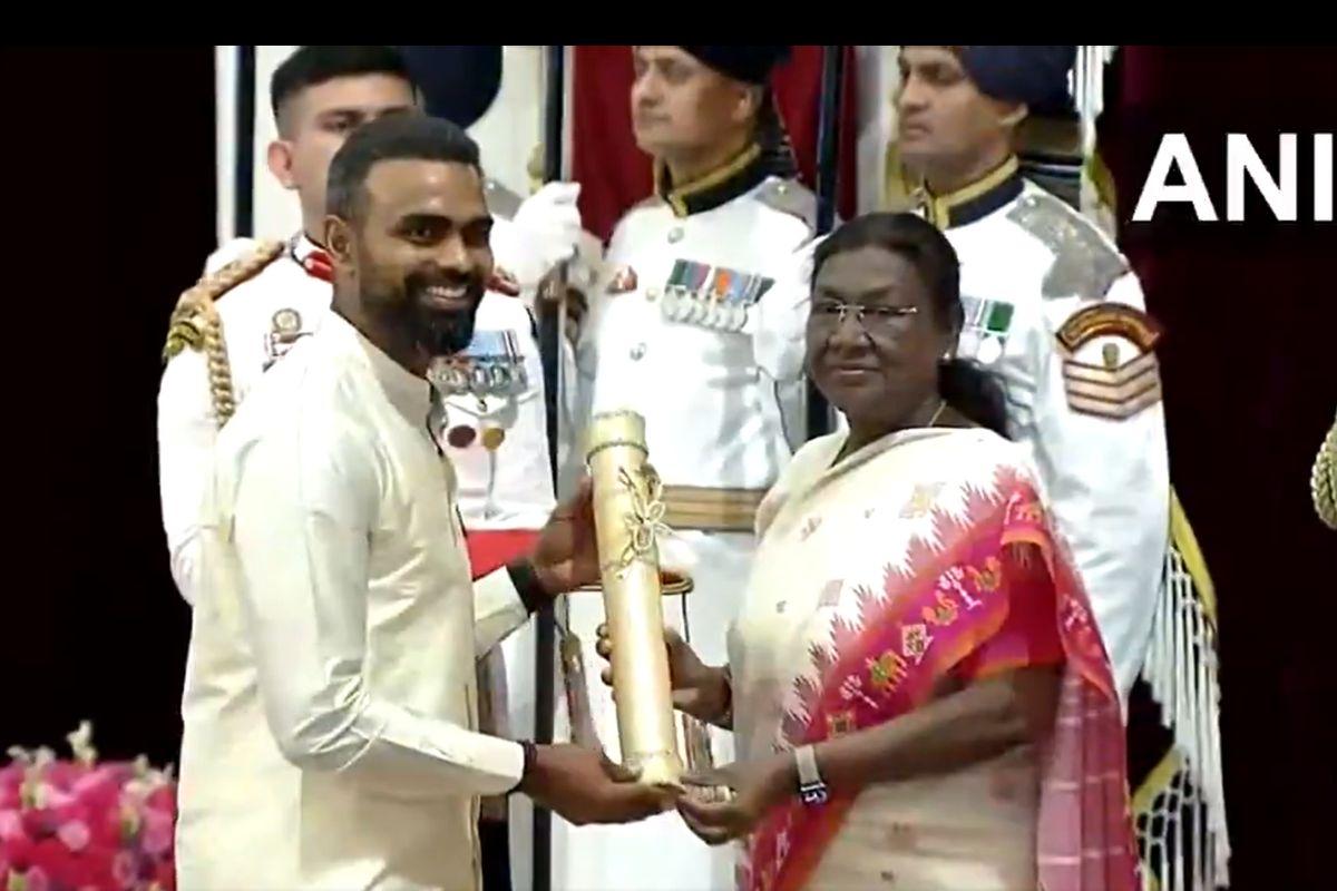 Former India Hockey captain PR Sreejesh receives the Padma Bhushan on Monday