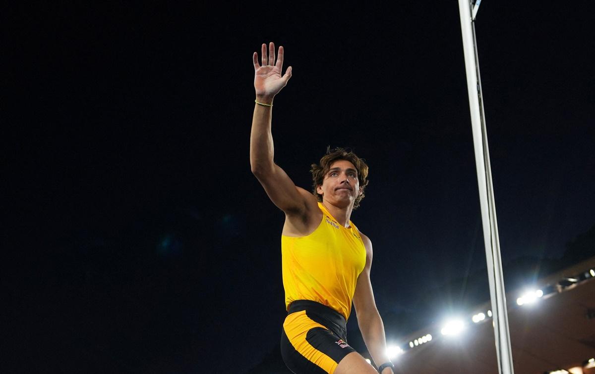 Armand Duplantis reacts during the men's Pole Vault final in the Monaco Diamond League meet at Stade Louis II, Monaco, July 11, 2025.